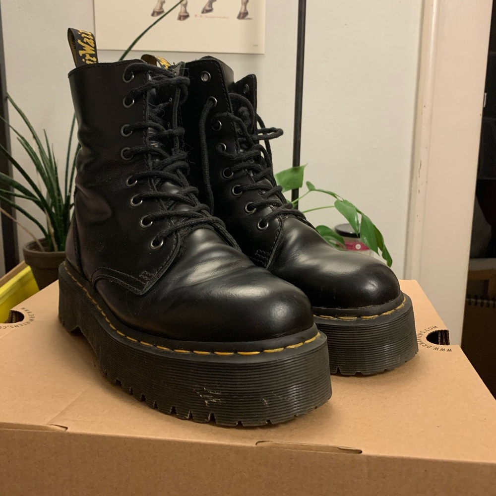 Dr. Martens Black Platform Lace-Up Boots with Yellow Stitching